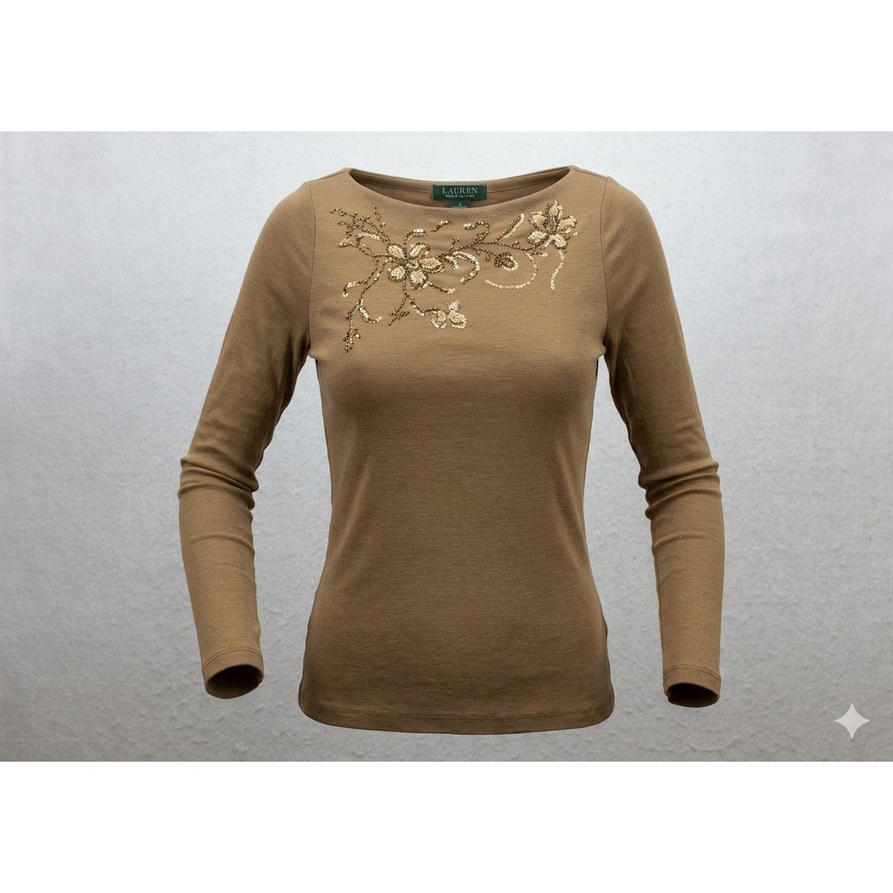 Lauren Ralph Lauren Women's Brown Floral Sequined Long Sleeve Top. Size P/S